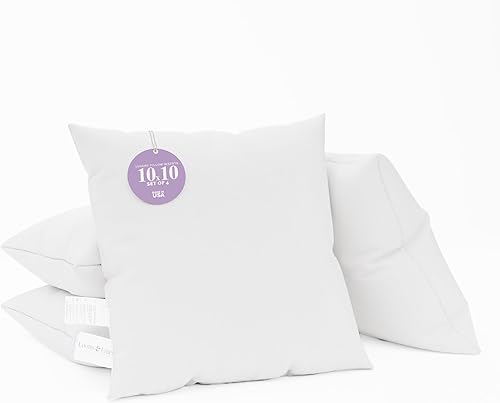 Looms and Linens - Juego de 4 almohadas blancas de 10 x 10 pulgadas con relleno de cojín hipoalergénico – Hecho en Estados Unidos