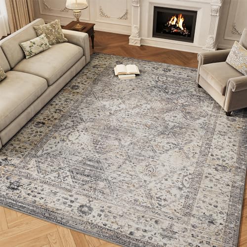 Grey Washable 5x7 Area Rugs for Living Room Rug Bedroom Rug-Carpet Neutral Vintage Floral Dining Room Rugs Office Soft Comfortable Non Slip Grey-floral 5' x 7' (Rectangular)