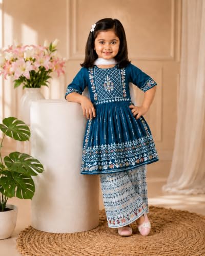 Image of Girls Embroidered Printed Kurta with Printed Palazzo Set, Ethnic Wear, 3-Piece
