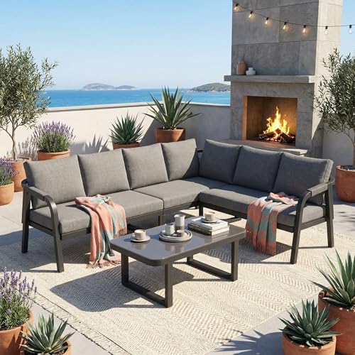 Kebnor Juego de muebles de jardín, posición esquinera, ofrece espacio para hasta 6 personas, brazos y respaldos trenzados, tubos de acero galvanizado, incluye sofá de esquina y mesa de café (gris)