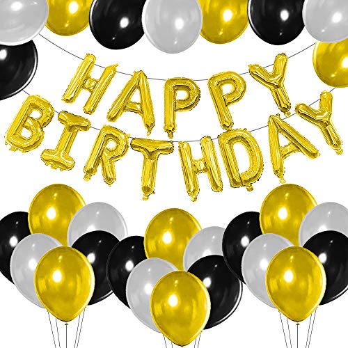 GREMAG Ballons Anniversaire, Argent Or Noir Décoration fête Anniversaire Ballon Kit Bannière Joyeux Anniversaire, Kit Anniversaire Fille Bannière de Joyeux Anniversaire Ballon en Feuille d'étoile
