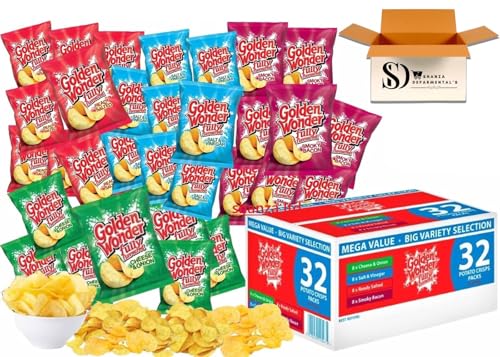 Golden Wonder Fully Flavoured Crisps 32 Multipack - 8 of Each Flavour Cheese & Onion Salt & Vinegar Smoky Bacon & Ready Salted - 25g Bags British-Made Crisps - Perfect for Lunches Parties & Snackin