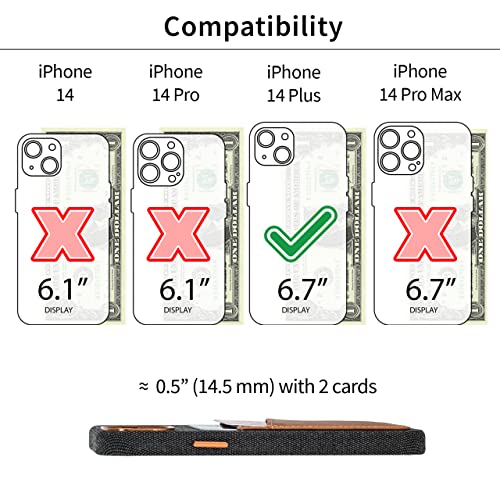 Image of Dockem iPhone 14 Plus Fabric Card Case with Built-in Metal Plate for Magnetic Mounting, Stitched-on Genuine Leather Wallet with 2 Credit Card /ID Slots: M2F 14 Plus [Grey w /Light Brown]