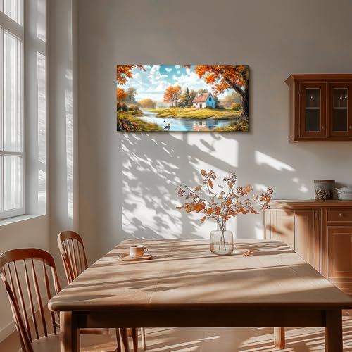 SERIMINO Nature Landscape Wall Art, Lakeside Farmhouse Canvas Large Artwork, Autumn Forest Cottage Scenic Wall Prints, Rustic Pictures Wall Decor Living Room Bedroom Bathroom Kitchen 20"X40"