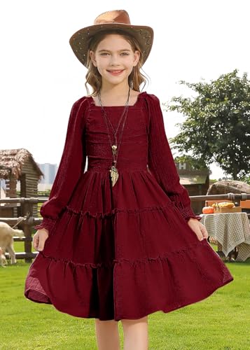 HOZIY Girls Long Sleeve Dress Ruched Smocked Tiered Ruffle A-Line Casual Boho Teen Dresses with Pocket Size 6-16 Years