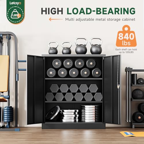 Image of Letaya Metal Storage Cabinets with Lock Door,2 Adjustable Shelves Organizer Steel Storage Cabinets for Home,Office,Warehouse,Garage,Employee Lockers(Black)