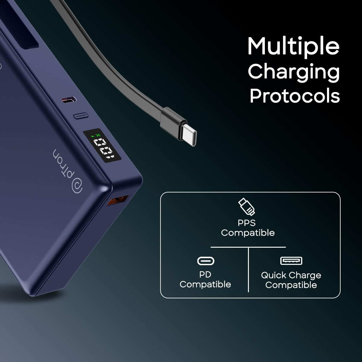 pTron Dynamo Sprint 20000mAh 35W Super Fast Charging, USB Type-C Input Power Bank Compatible with QC3.0/PD3.0, Built-in Charging Cable, 3 Charging Outputs, Type-C Input/Output Port (Indigo Blue) — Amazon image 6