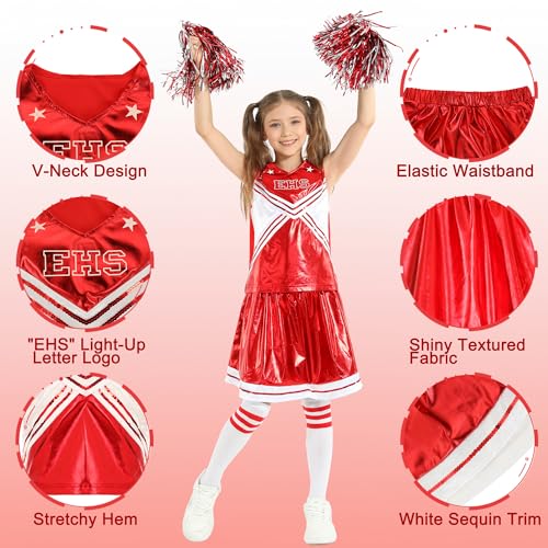 Wizland Girls Cheerleader Outfit with Pom Poms and Socks,Kids High School Musical Cheerleading Costume Fancy Dress for Halloween Carnival 6-8 yrs(Red) - Image 4