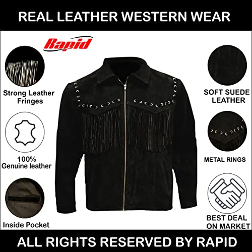 Image of Men's Western Suede Fringe Jacket - Cowboy Style Genuine Leather Coat - Native American Tassel Design