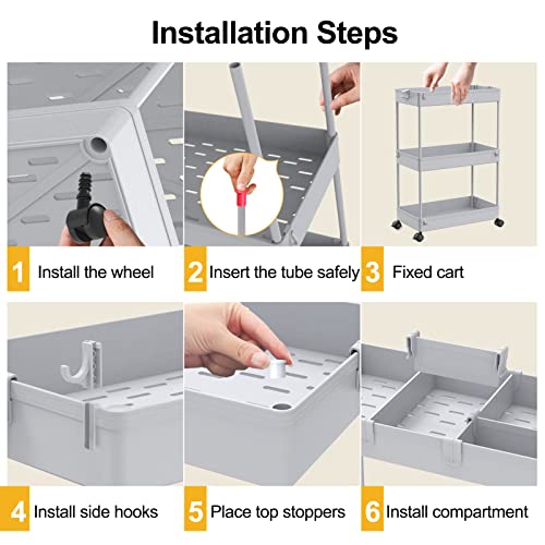 Image of SPACELEAD 3 Tier Rolling Cart with Wheels, Storage Craft Art Trolley Organizer Serving, 3 Hanging Baskets Easy Assembly, for Office, Living Room, Kitchen, Gray