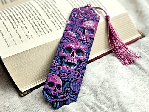 Image of Magenta Skull Bookmark with Tassel - Gothic Skull Design | Washable, Lightweight Bookmark for Books & Journals | Durable Bioplastic
