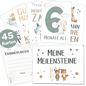 OLGS 45 Baby Meilensteinkarten Lino für Junge und Mädchen Meilenstein Karten Set + Geschenkbox schöne Geschenkidee zur Geburt, Taufe oder Babyparty (Tiere, weiß, Deutsch)