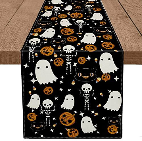 Halloween Table Runner Ghost Skeleton Spooky Pumpkins 13 x 72 Inch Burlap Halloween Runners Holiday Home Kitchen Dining Table Party Indoor Outdoor Decor