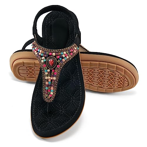 Ecetana Womens Sandals Dressy Flat with Bohemian Beaded Comfortable Casual Summer Slip On Ankle Elastic Thong Shoes