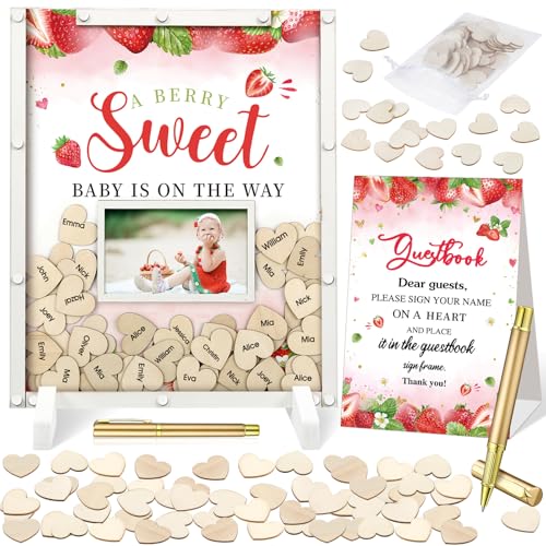 Image of Beeveer 65 Pcs Strawberry Baby Shower Guest Book Alternatives Baby Shower Sign in Guest Book Decoration with 1 Photo Frame 60 Heart Wood Slices for 60 Guests Strawberry Sonogram Frame Keepsake