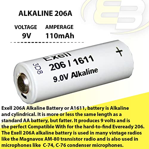 Exell 206A Alkaline 9V Battery 110mAh NEDA 1611, 1161M, 206, 6MR9, 7MR9, A1611, B206/L6, E126, E-126, ER-206, H-6D, H-7D, L6, M-1611, MR9, TR-126, TR126, VS32