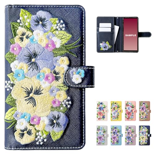 Galaxy S22 専用 SC-51C SCG13 ケース カバー 手帳型 SC-51Cケース SC-51Cカバー SCG13ケース SCG13カバー ギャラクシー GalaxyS22 ハンドあり パンジー 刺繍 ネイビー