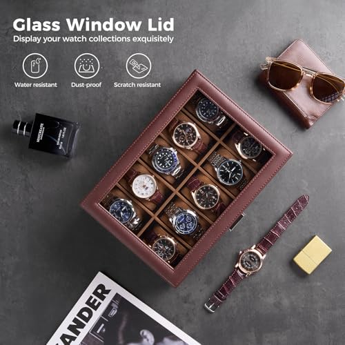 Image of ProCase Watch Box for Men, 10 Slot Mens Watch Case, Watch Storage Watch Holder Organizer for Men, Watch Display Case With Glass Lid -10 Slot, Espresso