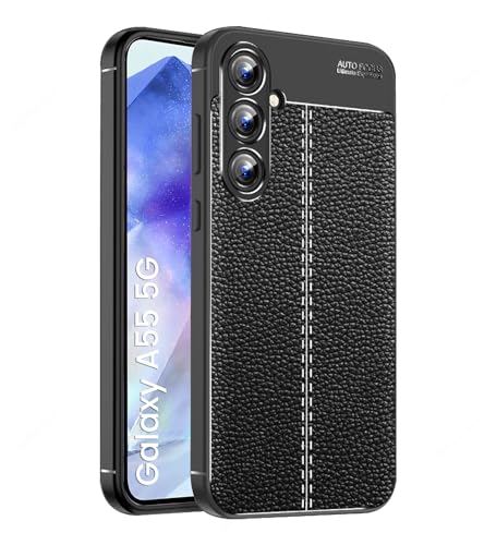 Golden Sand Cover Vegan Leather Texture Series Shockproof Armor TPU Back Cover Case for Samsung Galaxy A55 5G Mobile Phone, Black- Best and cheap mobile covers in India