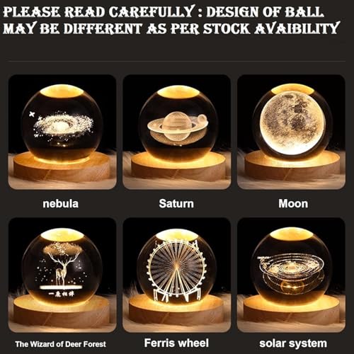 Image of 3D Galaxy Crystal Ball Night Lamp, Creative Engraved Crystal Ball Night Light, USB Table LED Wooden for Home Office Decoration Birthday Gift Adults (Galaxy)(Warm White)