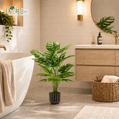 Image of Der Rose 28'' Fake Plants Tall Artificial Monstera Faux Plants Indoor Outdoor Tree for Living Room Home House Decor (Pack of 3)
