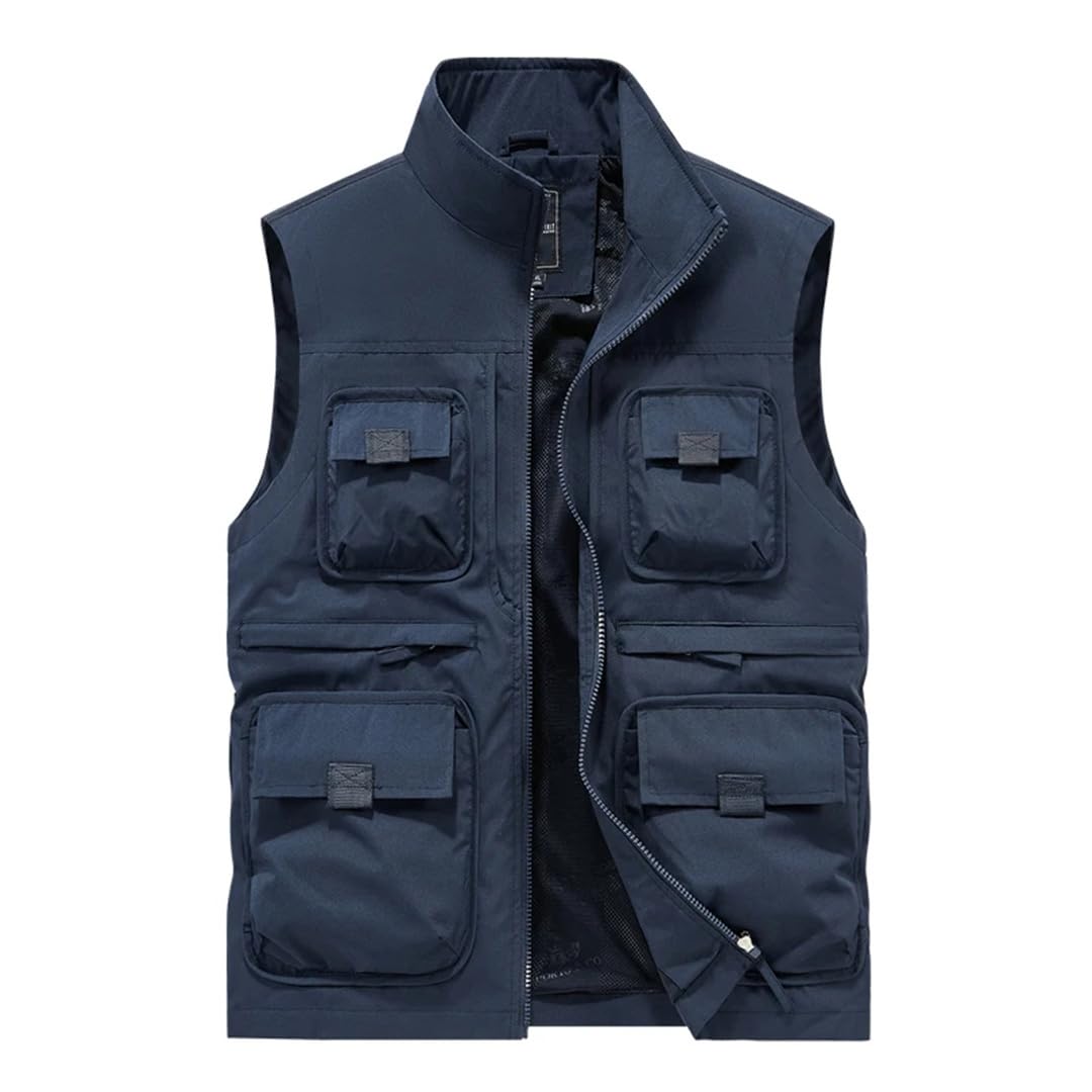 Gilet da uomo senza maniche per il tempo libero all'aperto con colletto in piedi molte tasche tinta unita sottile gilet