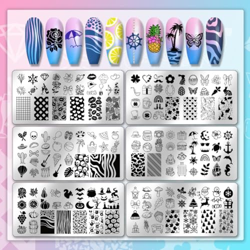 PH PandaHall 6 Stück Urlaubsthemen Nagel-Stempel-Platten Sommer Strand Nägel Kunst Schablonen Halloween Weihnachten Maniküre Kunst Schablonen Valentinstag Ostern Nägel Stempel für Maniküre Design