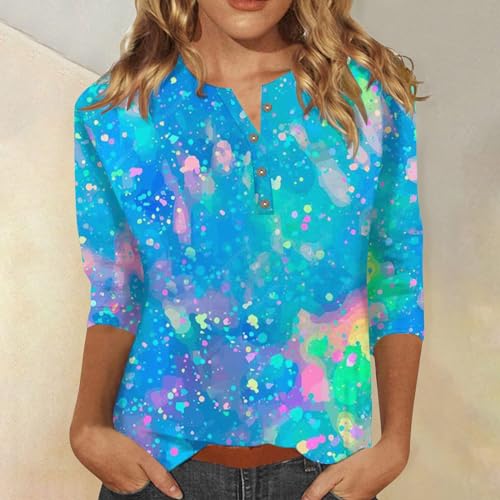 Camisetas femininas de manga 3/4 casual de verão, estampa de mármore, caimento solto, gola Henley, a