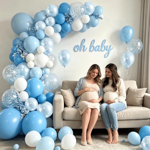 Image of Blocesa Pearl Blue and White Balloons Arch Kit Double Stuffed, Party Decor. | Baby /Light Pearl Blue White Confetti Blue Balloons Latex for Boy Baby Showers Gender Reveals Weddings Birthdays Decoration.