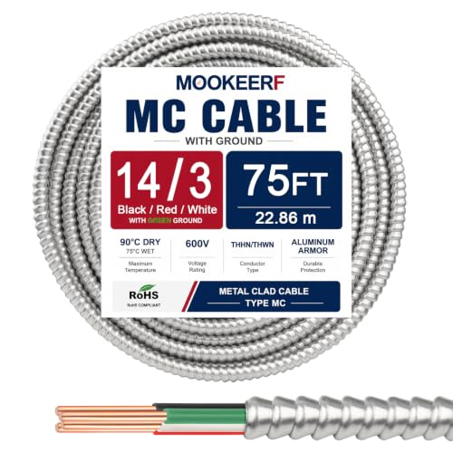 Image of MOOKEERF 14 /3 MC Cable with Ground - 75FT Pure Copper 14AWG /3 Metal Clad Wire with Aluminum Armor 14 Gauge 3 Conductor Type MC Alum Cable