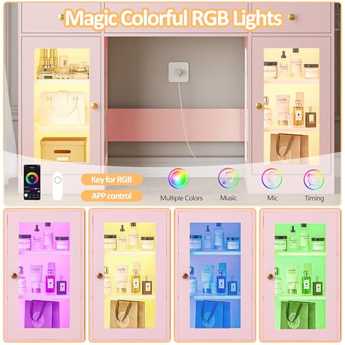 Image of HUANLEGO Vanity Desk with Mirror and Lights, Large Makeup Vanity Set with Power Outlet & RGB Glass Cabinet, 3 Drawers, Pink Vanity Mirror with Lights Dressing Table for Girls Women, 3 Color Modes