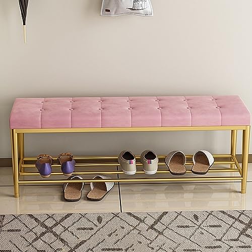 Banc d'assise étagère à chaussures pour salon petit espace rangement velours rose