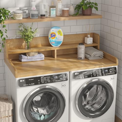 Image of 2-Tier Washer Dryer Countertop with 2.75 inch H Edge Rails, 54 inch W x 27.55 inch D Laundry Countertop for Folding Clothes, Washer and Dryer Topper with Non-Slip Pad (Pure Wood Color)