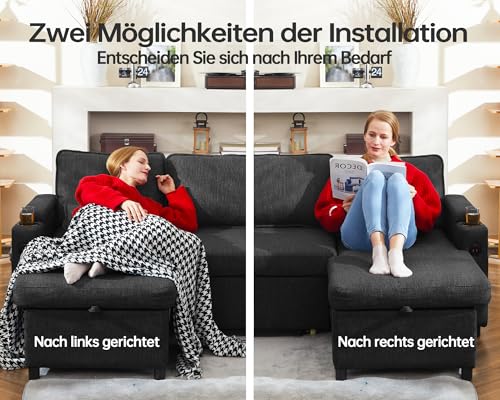 DURASPACE Schlafsofa ausziehbar 2 in 1 Sektional Schlafsofa Couches mit Lagerung, USB, Cup Holder, Pullout Sektional Couches für Wohnung Wohnzimmer (Dunkelgrau) – Bild 7
