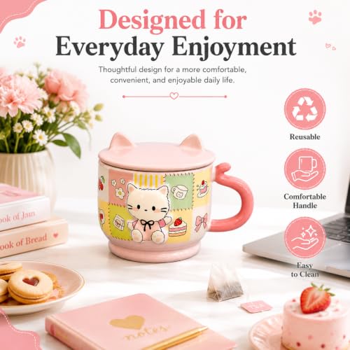 Image of Vasukie Cute Kitty Ceramic Coffee Mug with Cat Ears Lid & Tail Handle | 3D Patchwork Kitten Tea Cup for Milk, Soup, & Hot Cocoa | Kawaii Pastel Pink Drinkware Gift for Cat Lovers (Pink)