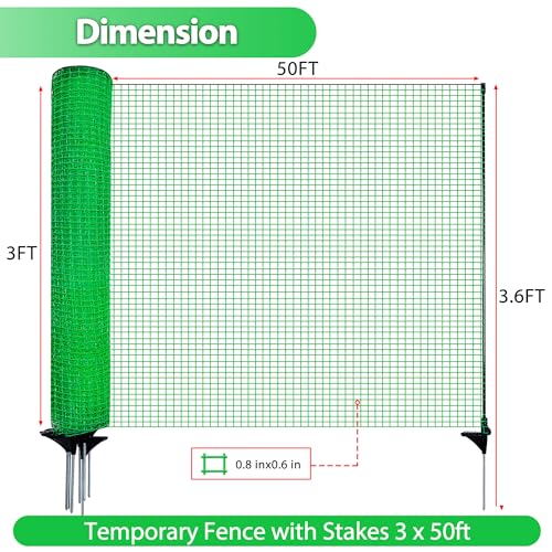 Image of Temporary Fence with Posts, 3'x50' Plastic Fencing Garden Fence Animals Barrier with Fiberglass Stake Windbreak Rope, Portable Snow Fences, Fencing for Dogs Outdoors Backyard (Green)