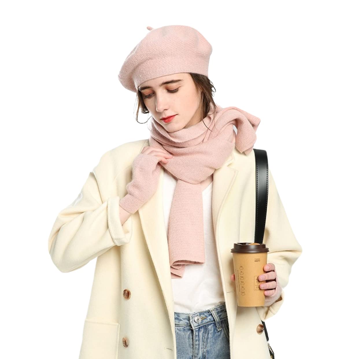 Dajingkj Einfarbige Baskenmütze für Damen, 3-teiliges Hut, Schal, Handschuhe, Set, Mädchen, fingerlose Handschuhe, Baumwolle, Winter-Geschenk-Set