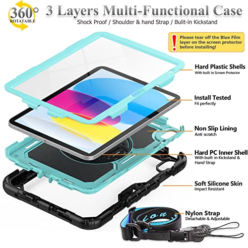 SEYMAC stock Case for iPad (A16) 11th/10th Generation 2025/2022, Full-Body Drop Protection Case with Screen Protector &360° Rotate Hand Strap/Stand (SkyBlue+Black) by SEYMAC stock - Image 5