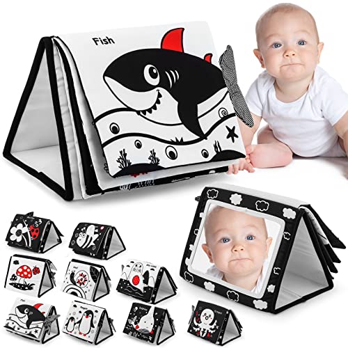 Image of NOVIIML me Mirror for Babies 0-6 Months, Baby Floor Mirror Toys with Crinkle Cloth Book, Black and White High Contrast Baby Toys, Double Folding Montessori Toys Crawling Activity Mat (A-Black)