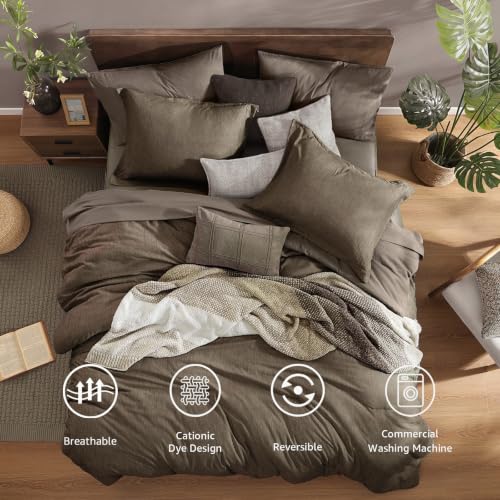 Image of Monbix Queen Comforter Set, Taupe Grey Cationic Dyeing Bedding Set Reversible, Bed in a Bag 7 Pieces with Comforter, Sheets, Pillowcases & Shams