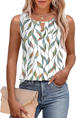 WIHOLL Beach Vacation Clothes for Women Tank Top Pleated Sleeveless Tops Keyhole Neck Shirts Outfits Grean Leaf Print S