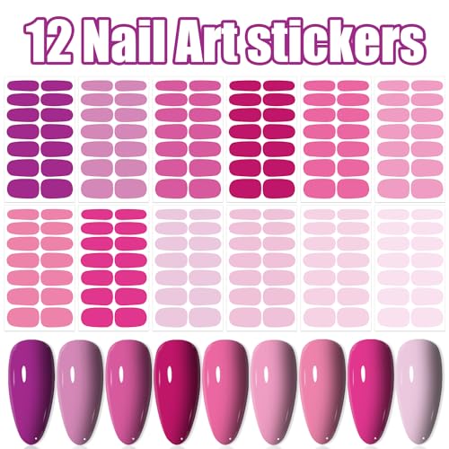 WOKOTO 12 Sheets Pink Series Nail Stickers Full Nail Wraps for Women Girls Solid Nail Stickers Decals Gel Nail Strips for Women Girls Stick On Nails Polish Stickers Gel Nail Stickers Strips