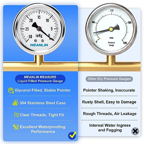 Image of MEANLIN MEASURE -30inHG~0Psi Stainless Steel 1 /4 inch NPT 2.5 inch FACE DIAL,Vacuum Liquid Filled Pressure Gauge,Single Scale, Water Oil Air Back Mount, with 1 /2 inch NPT and 3 /8 inch NPT Hex Bushing