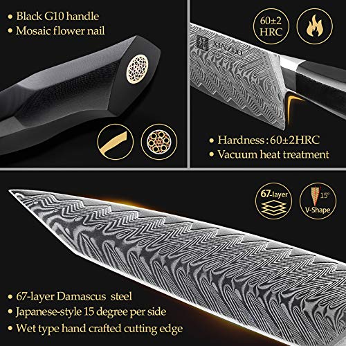 XINZUO Damascus Steel 7-Piece Kitchen Knife Set with Block Wooden and Sharpener Rod, Professional Chef Knife Set Santoku Carving Utility Paring Knife, Ergonomic G10 Black Handle -Feng Series - Thumbnail 3