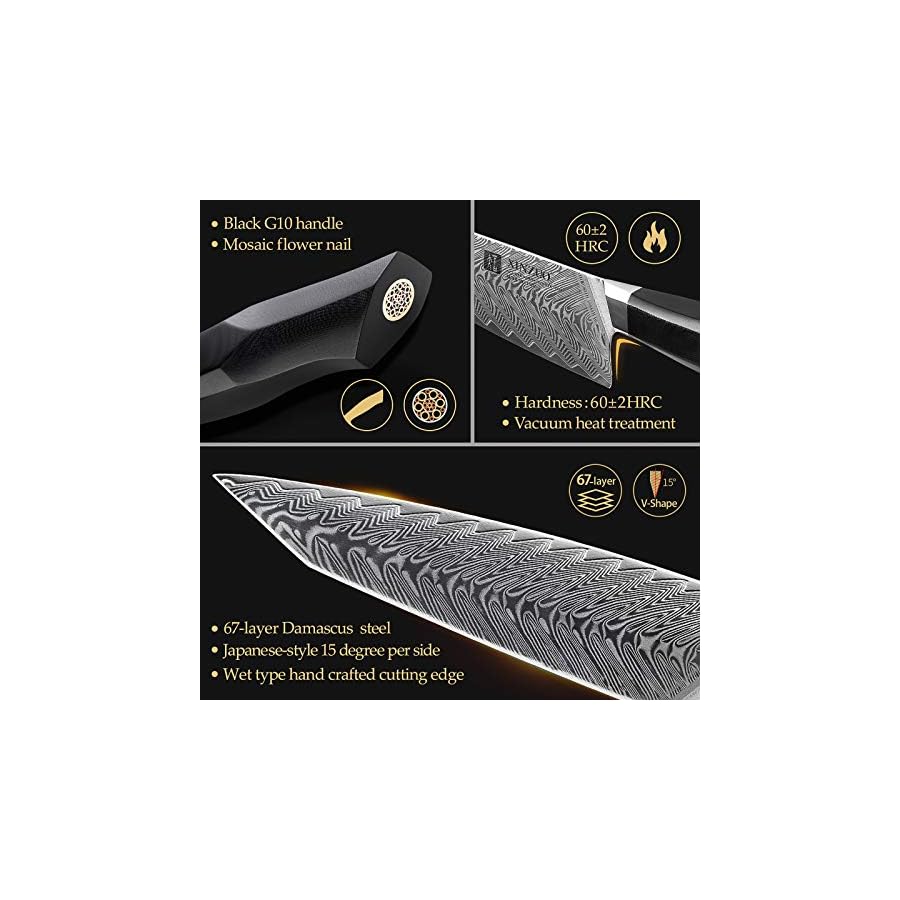XINZUO 7-Piece Damascus Knife Set with Block and Sharpener, Chef knife Set Professional with Gift Box, 67 Layer Hand Forged Damascus Steel,G10 Black Handle,Razor Sharp-Feng Series