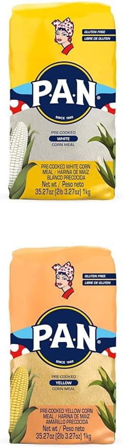 P.A.N. Pre-cooked Gluten Free Corn Meal Bundle - White (2 lb 3.27 Oz) and Yellow (2.2 lb) Kosher Flour for Arepas, Pack of 1 Each