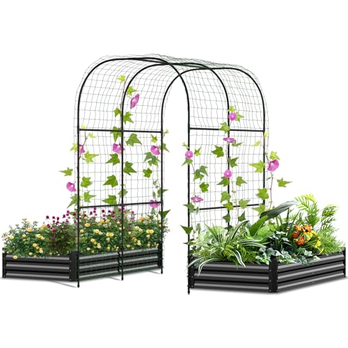 SUNYRISY Galvanized Raised Garden Bed with 87' H Arch Trellis for Climbing Plants Outdoor, Large Metal Planter Box with Netting for Gardening Flowers Vegetables Fruit, Black
