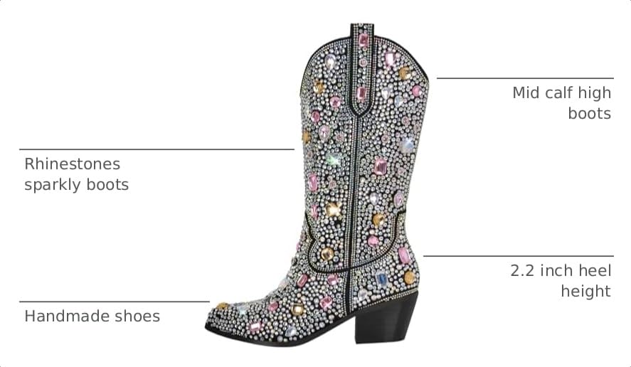 Image of Richealnana Sparkly Rhinestones Cowboy Cowgirl Style Boots Calf High Boots for Women 2INCH Heeled Shining Pull On Tabs