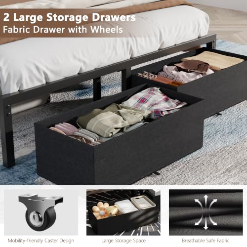 Image of Furnulem Twin Bed Frames with Storage Drawers and Upholstered Headboard