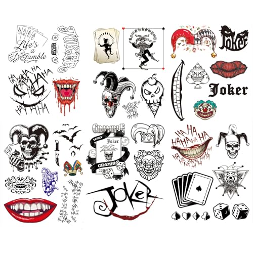 Joker Temporary Tattoos for Adult 35 Style Joker HaHa Mouth Waterproof Fake Tattoo Stickers For Women Men Clown Poker Dice Costume Cosplay Halloween Party Decor Face Hand Arm Makeup Q661